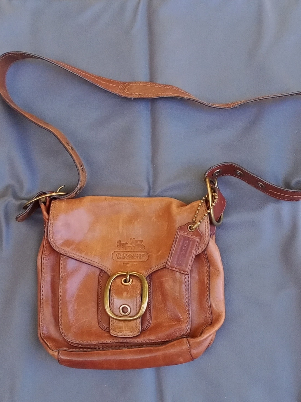 Coach Tan Leather Crossbody with Brass Buckle